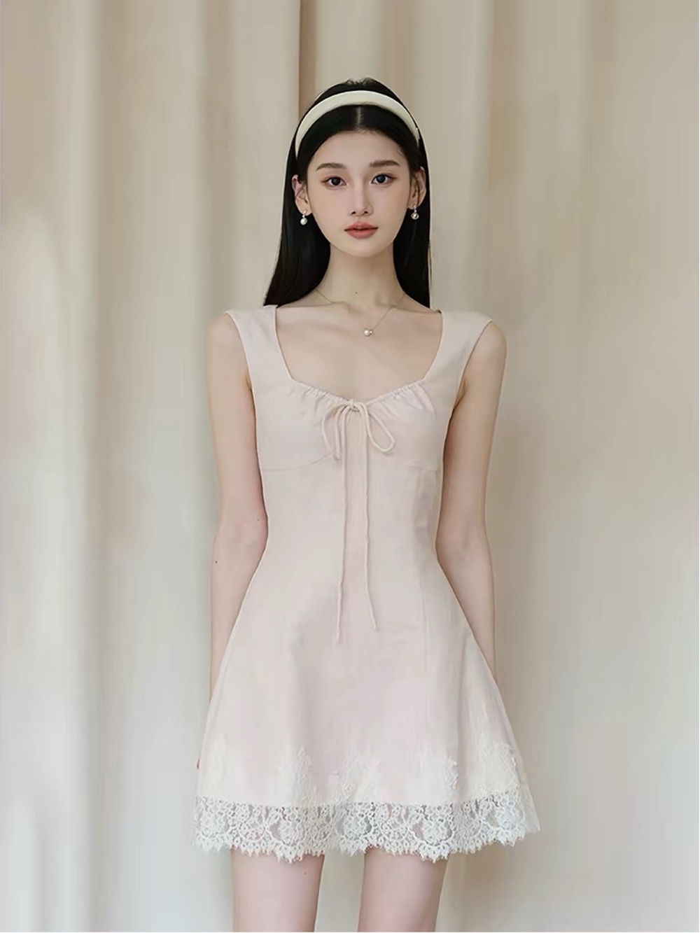 Soft Pink Lace-Trim A-Line Mini Dress